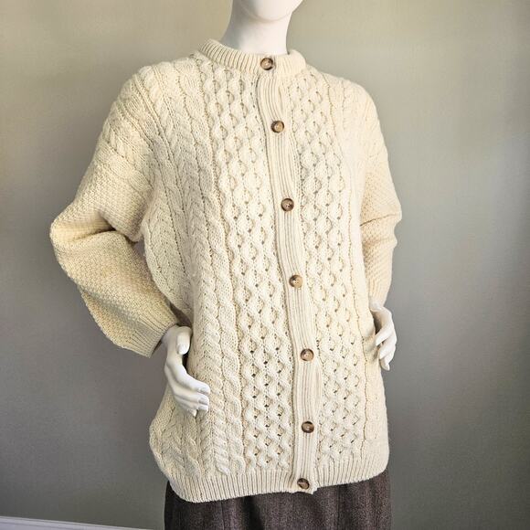 VTG Ivory 100% Wool Cardigan Chunky Fisherman Made in Scotland Cottage Womens M - Picture 5 of 10